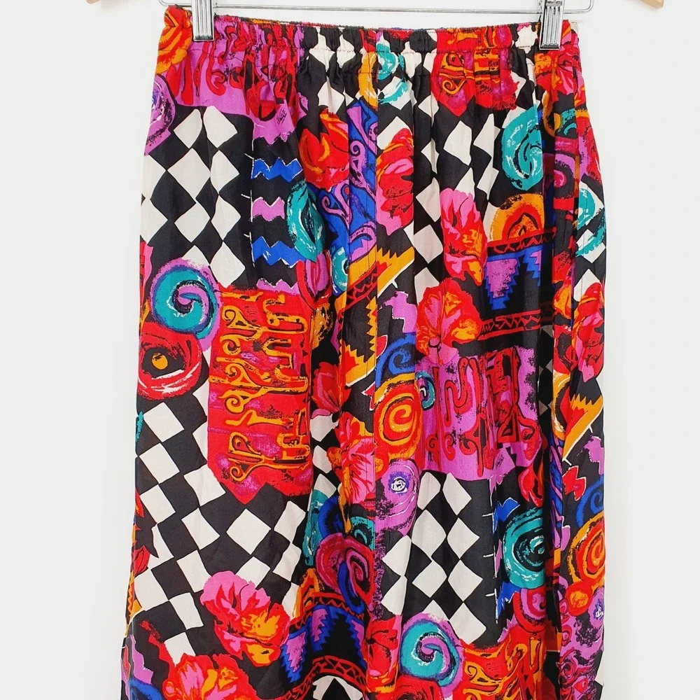 VTG 90s Carole Little Sport Silk Colorful Abstract Maximalism Midi Skirt Size 6 - Picture 4 of 8
